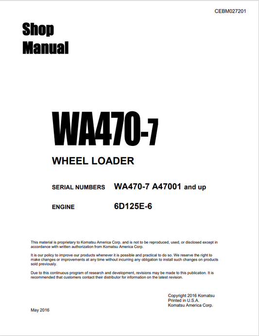 Komatsu WA470-7 Wheel Loader Shop Manual SN 10001-UP PDF
