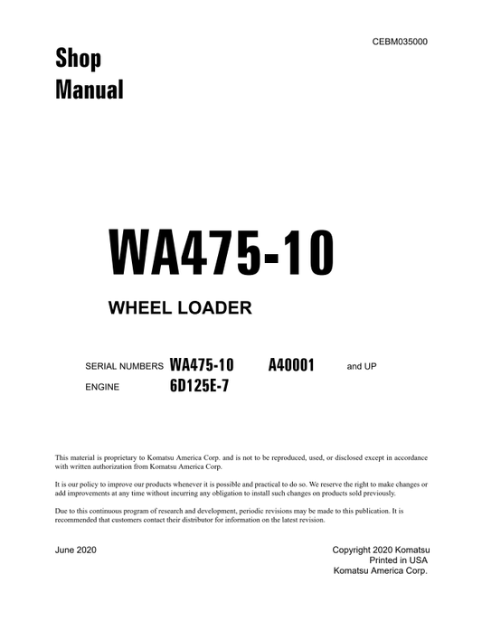 Komatsu WA475-10 Wheel Loader Shop Manual CEBM035000 PDF