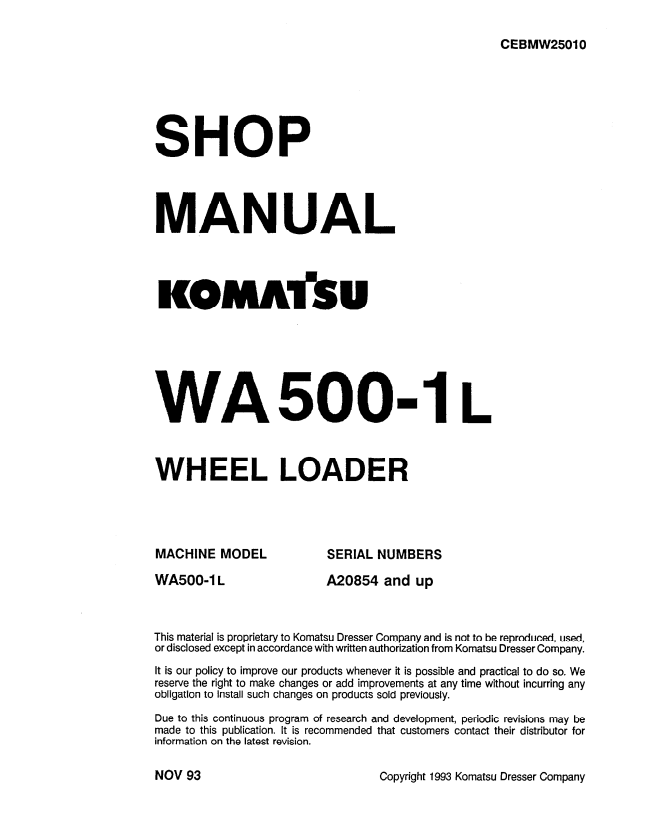 Komatsu WA500-1L Wheel Loader Shop Manual CEBMW25010
