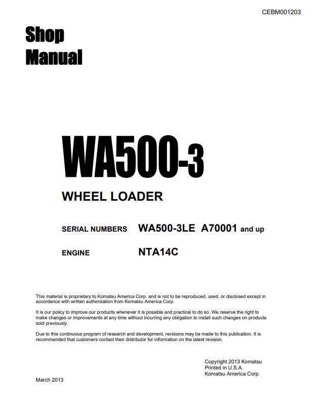 Komatsu WA500-3 Wheel Loader Shop Manual CEBM001203