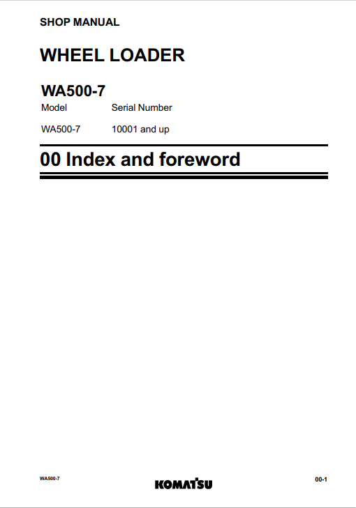 Komatsu WA500-7 Wheel Loader Shop Manual S/N 10001-UP PDF