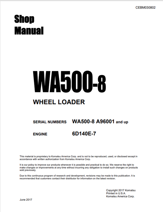 Komatsu WA500-8 Wheel Loader Shop Manual SN A96001-UP PDF