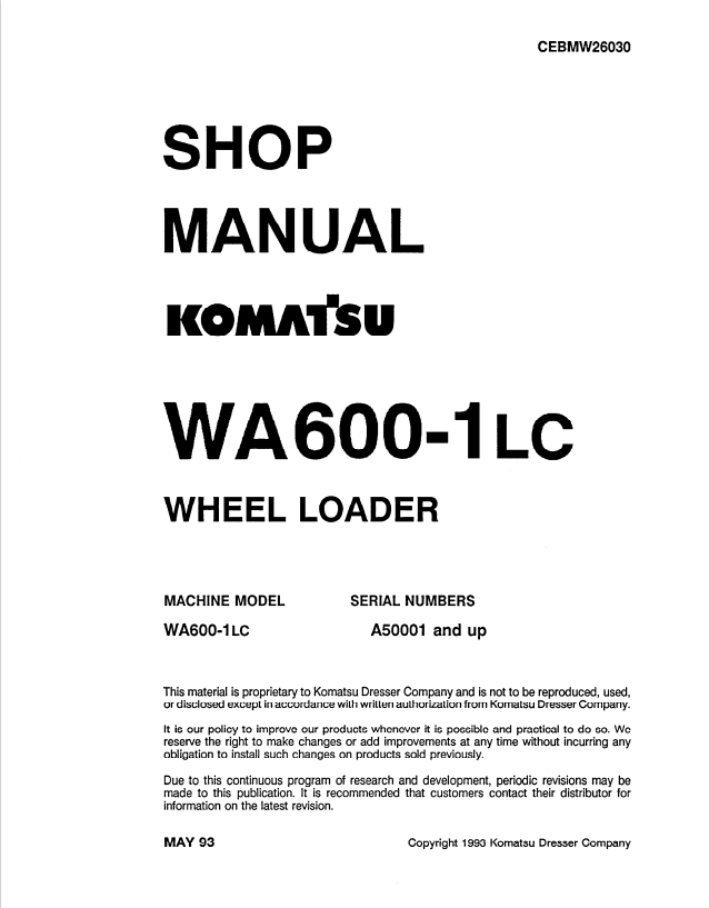 Komatsu WA600-1LC Wheel Loader Shop Manual CEBMW26030