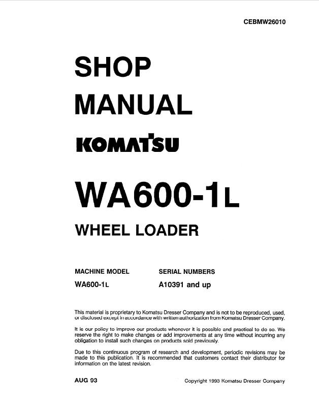 Komatsu WA600-1L Wheel Loader Shop Manual CEBMW26010