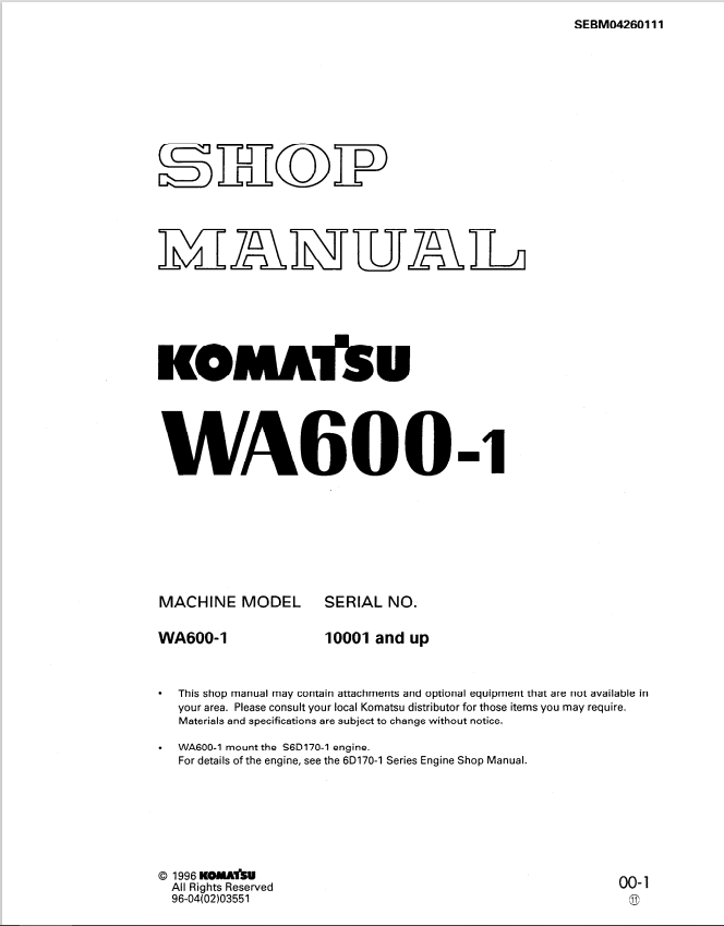 Komatsu WA600-1 Service & Repair Manual SEBD04260111 PDF