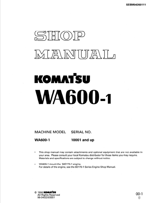 Komatsu WA600-1 Workshop Manual SN 10001 and Up