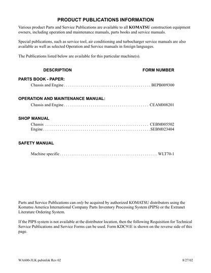 Komatsu WA600-3LK Technical Maintenance Manual – CEBM005502