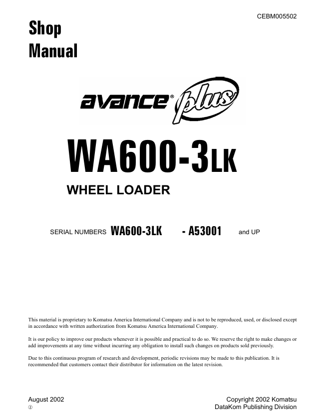 Komatsu WA600-3LK Wheel Loader Shop Manual – CEBM005502