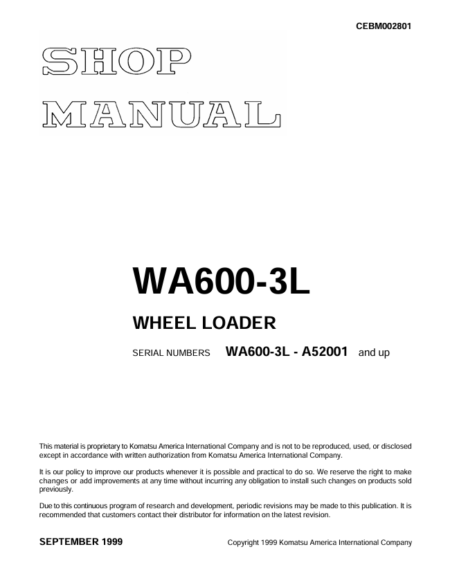 Komatsu WA600-3L Wheel Loader Shop Manual – CEBM002801