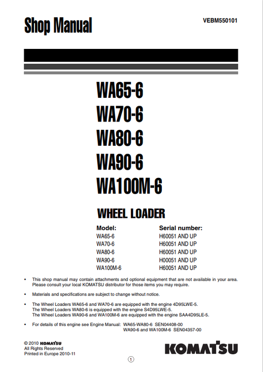 Komatsu WA65-6 WA70-6 WA80-6 WA90-6 WA100M-6 Shop Manual