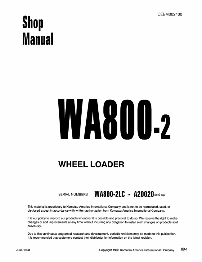 Komatsu WA800-2 Wheel Loader Shop Manual – CEBM002400