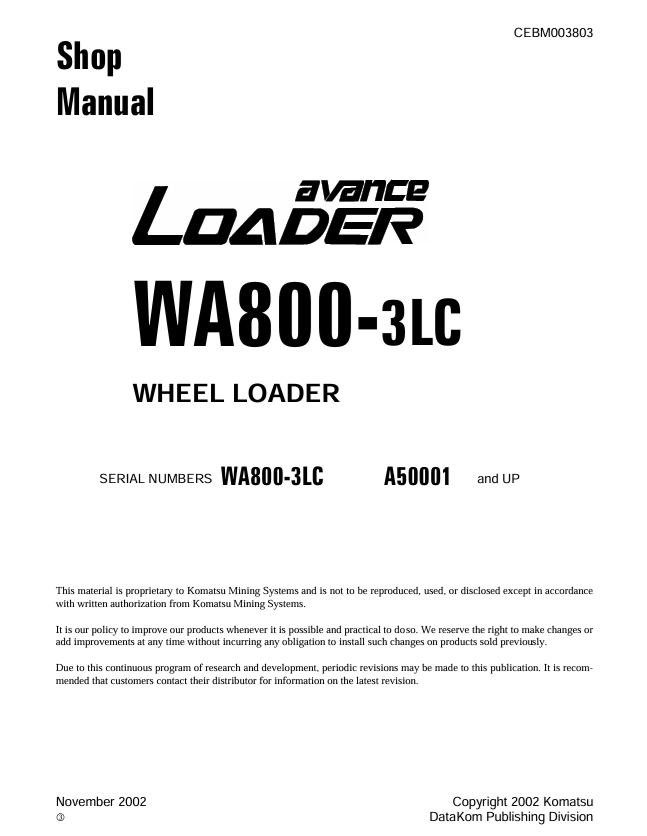 Komatsu WA800-3LC Wheel Loader Shop Manual CEBM003803