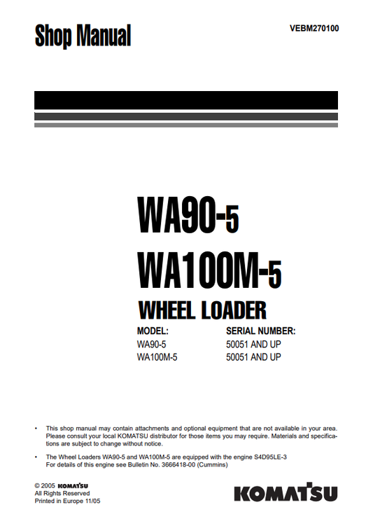 Komatsu WA90-5 Wheel Loader Shop Manual S/N 50051-UP PDF