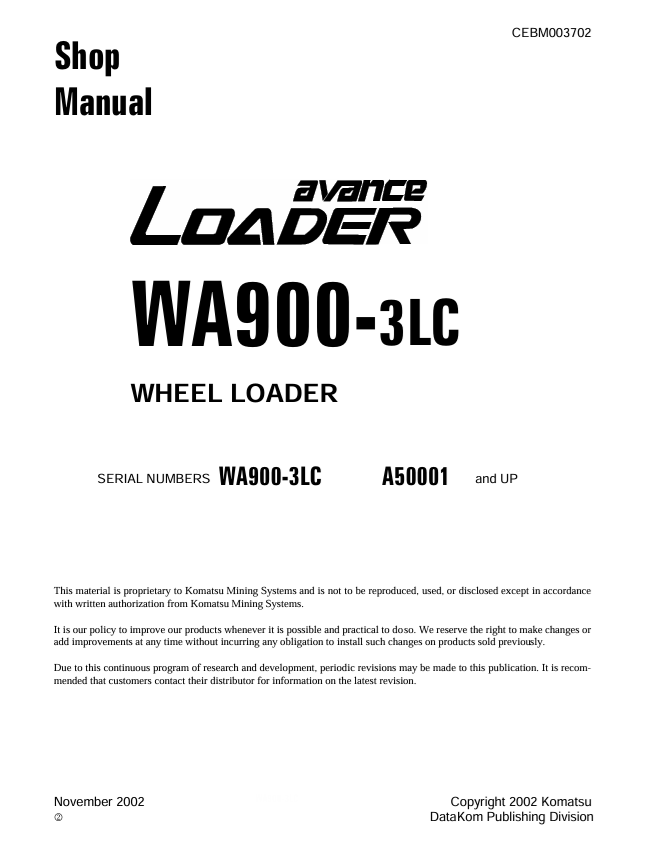 Komatsu WA900-3LC Wheel Loader Shop Manual CEBM003702