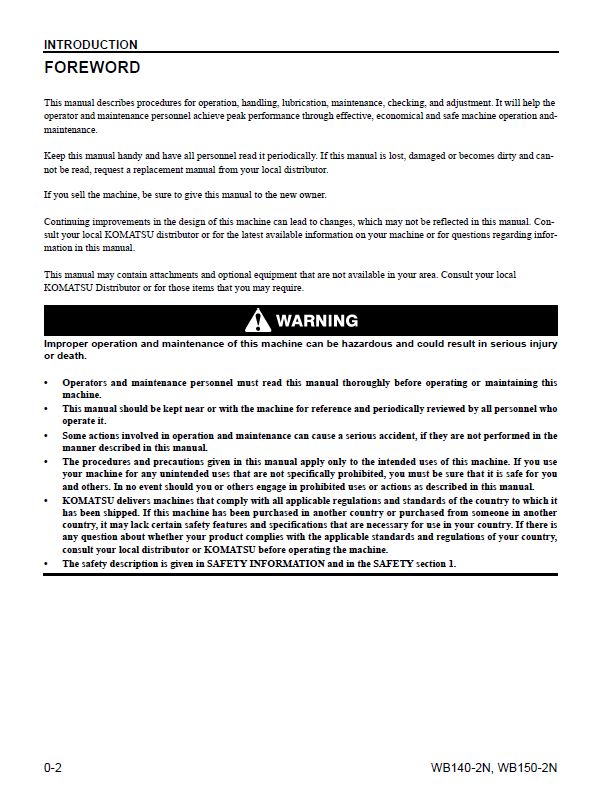 Komatsu WB140-2N and WB150-2N Backhoe Loader Operating and Service Guide CEAD009402