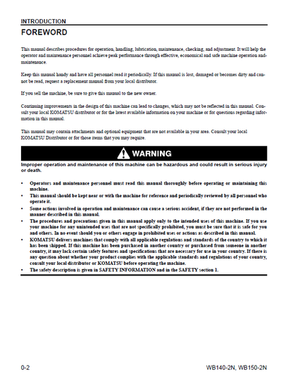 Komatsu WB140-2N and WB150-2N Backhoe Loader Operating and Service Guide CEAD009402