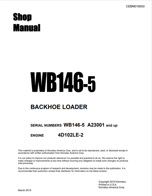 Komatsu WB146-5 Backhoe Loader Shop Manual SN A23001-UP PDF