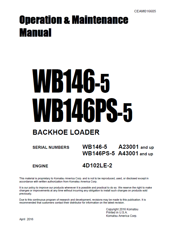 Komatsu WB146-5 WB146PS-5 Backhoe Loader Manual CEAM016605
