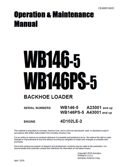 Komatsu WB146-5 WB146PS-5 Backhoe Loader Manual CEAM016605