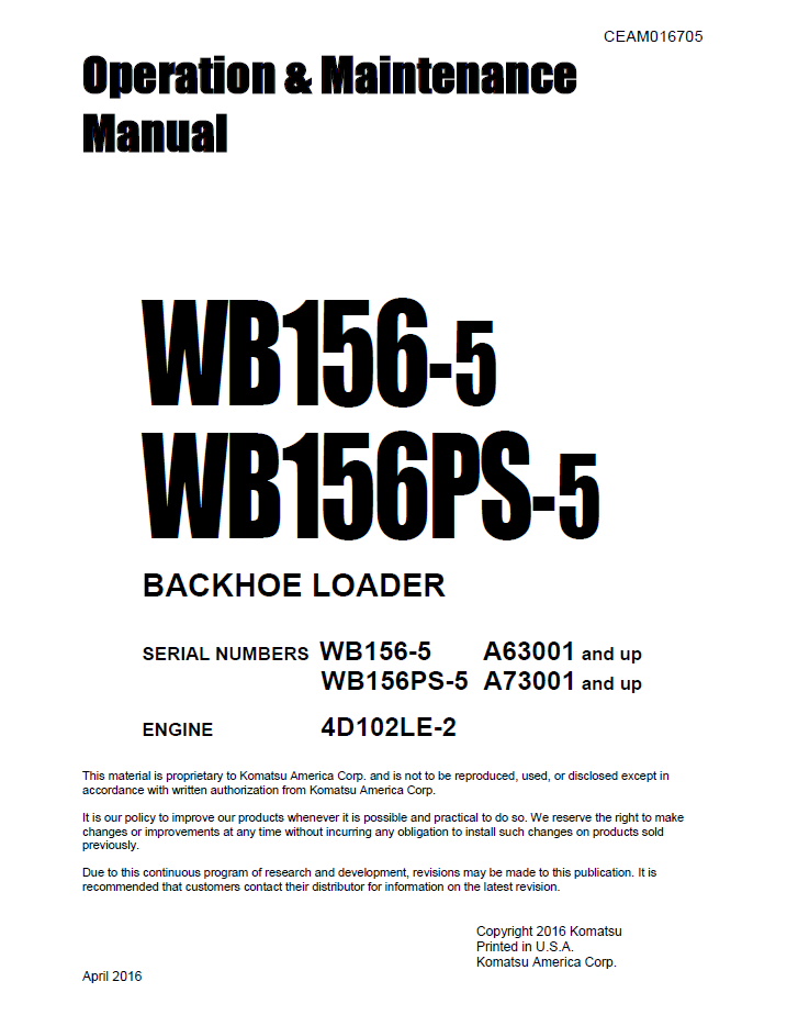 Komatsu WB156-5 WB156PS-5 Backhoe Loader Manual CEAM016705
