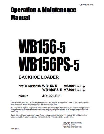 Komatsu WB156-5 WB156PS-5 Backhoe Loader Manual CEAM016705