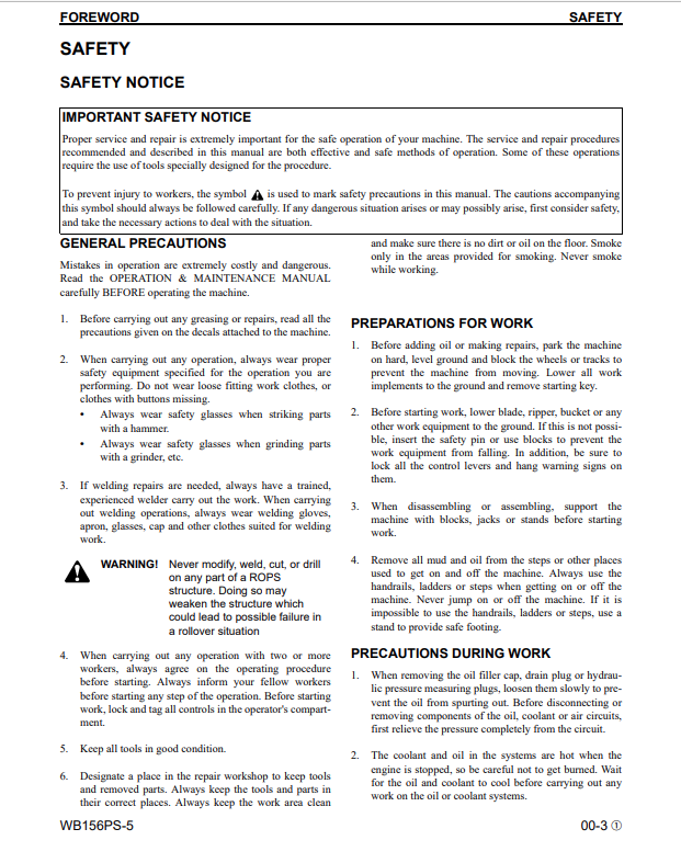 Komatsu WB156PS-5 Heavy Equipment Repair Manual CEBM002201