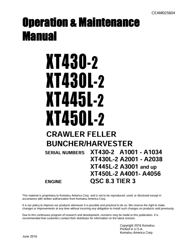 Komatsu XT430-2 XT430L-2 XT445L-2 XT450L-2 Operation Manual CEAM025604