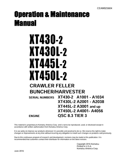 Komatsu XT430-2 XT430L-2 XT445L-2 XT450L-2 Operation Manual CEAM025604