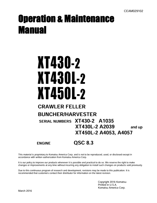 Komatsu XT430-2 XT430L-2 XT450L-2 Operation & Maintenance Manual