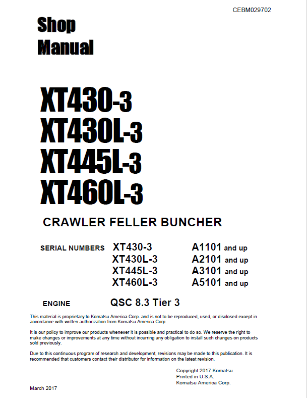 Komatsu XT430-3 XT430L-3 XT445L-3 XT460L-3 Feller Buncher Shop Manual
