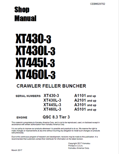 Komatsu XT430-3 XT430L-3 XT445L-3 XT460L-3 Feller Buncher Shop Manual