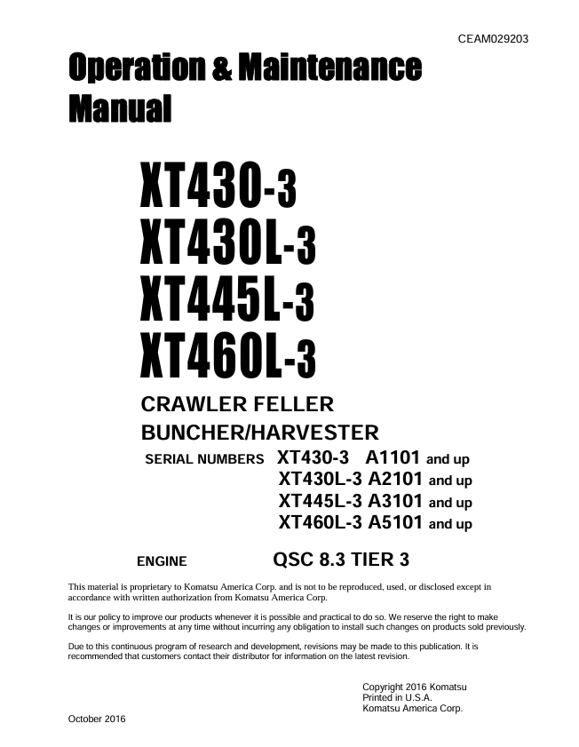 Komatsu XT430-3 XT430L-3 XT445L-3 XT460L-3 Operation Manual CEAM029203
