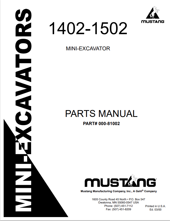 MUSTANG 1402, 1502 MINI-EXCAVATOR PARTS MANUAL 000-81002 - PDF