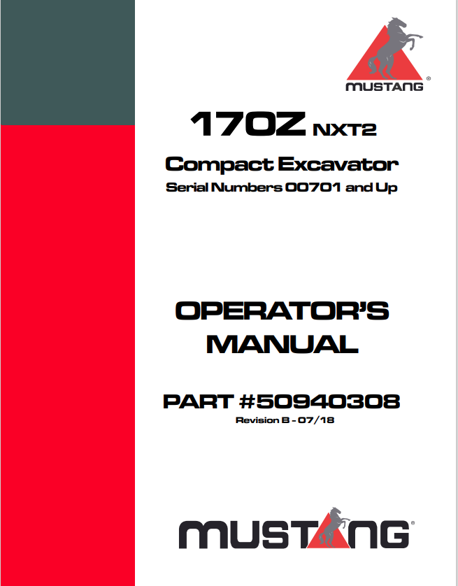 MUSTANG 170Z, NXT2 COMPACT EXCAVATOR OPERATOR MANUAL 50940308 - PDF