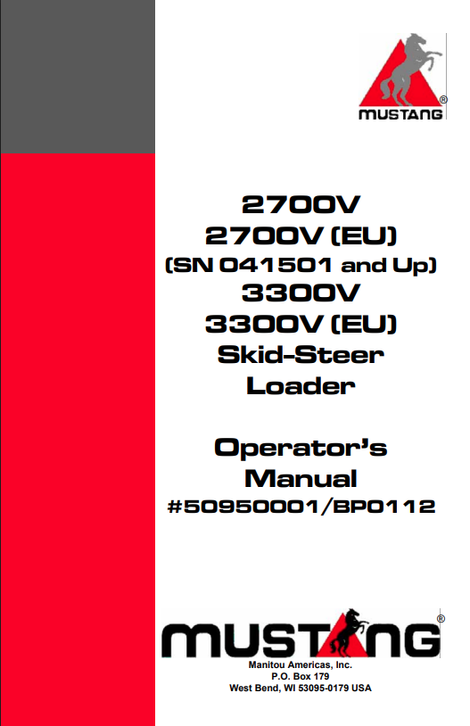MUSTANG 2700V, 2700V [EU], 3300V, 3300V [EU] SKID-STEER LOADER OPERATOR MANUAL 50950001 - PDF