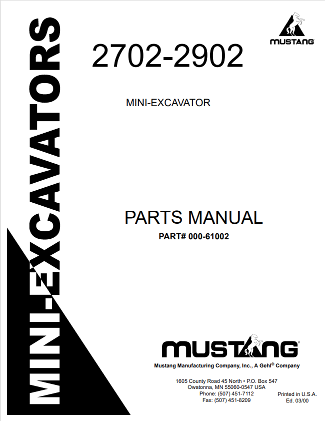 MUSTANG 2702, 2902 MINI-EXCAVATOR PARTS MANUAL 000-61002 - PDF