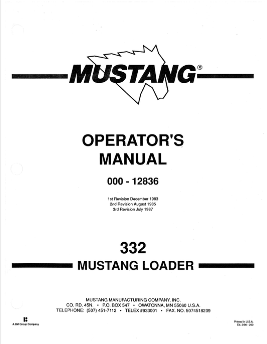 MUSTANG 332 LOADER OPERATOR MANUAL 000-12836 - PDF