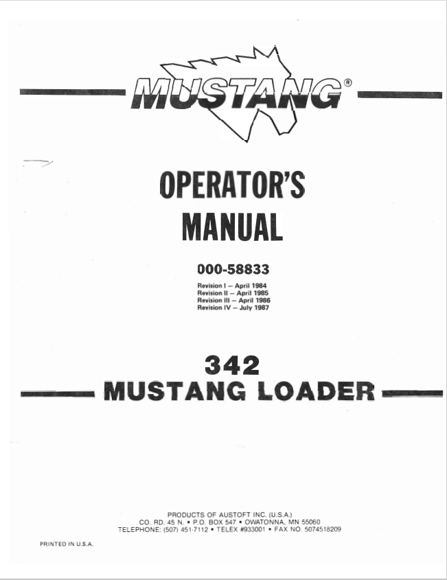MUSTANG 342 LOADER OPERATOR MANUAL 000-58833 - PDF