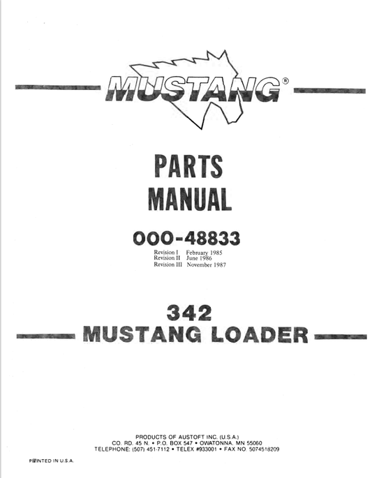 MUSTANG 342 LOADER PARTS MANUAL 000-48833 - PDF