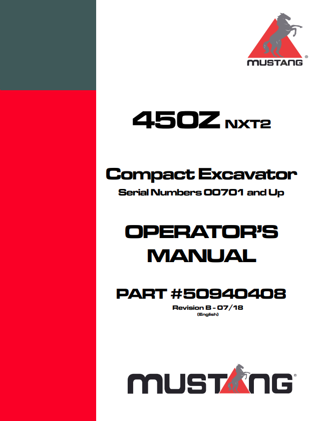 MUSTANG 450Z, NXT2 COMPACT EXCAVATOR OPERATOR MANUAL 50940408 - PDF