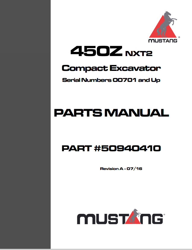 MUSTANG 450Z, NXT2 COMPACT EXCAVATOR PARTS MANUAL 50940410 - PDF