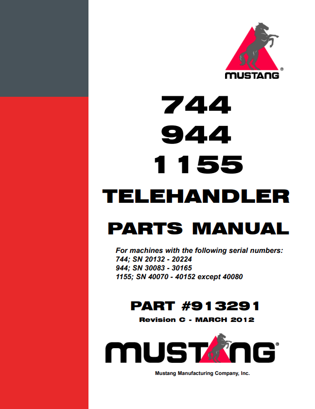MUSTANG 744, 944, 1155  TELEHANDLER PARTS MANUAL 913291 - PDF