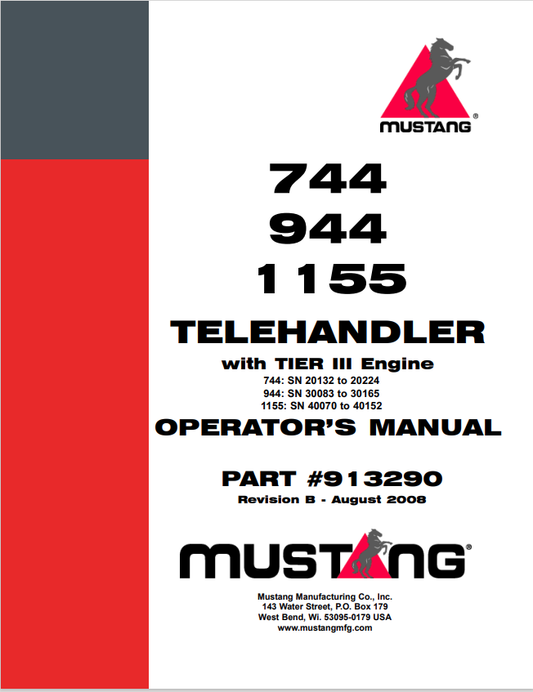 MUSTANG 744, 944, 1155 TELEHANDLER WITH TIER III ENGINE OPERATOR MANUAL 913290 - PDF