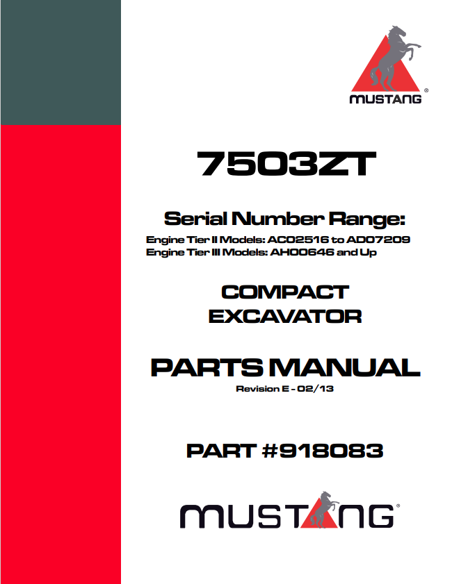 MUSTANG 7503ZT ENGINE TIER III COMPACT EXCAVATOR PARTS MANUAL 918083 - PDF