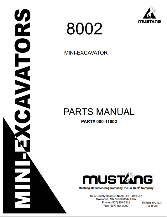 MUSTANG 8002 MINI-EXCAVATOR PARTS MANUAL 000-11002- PDF