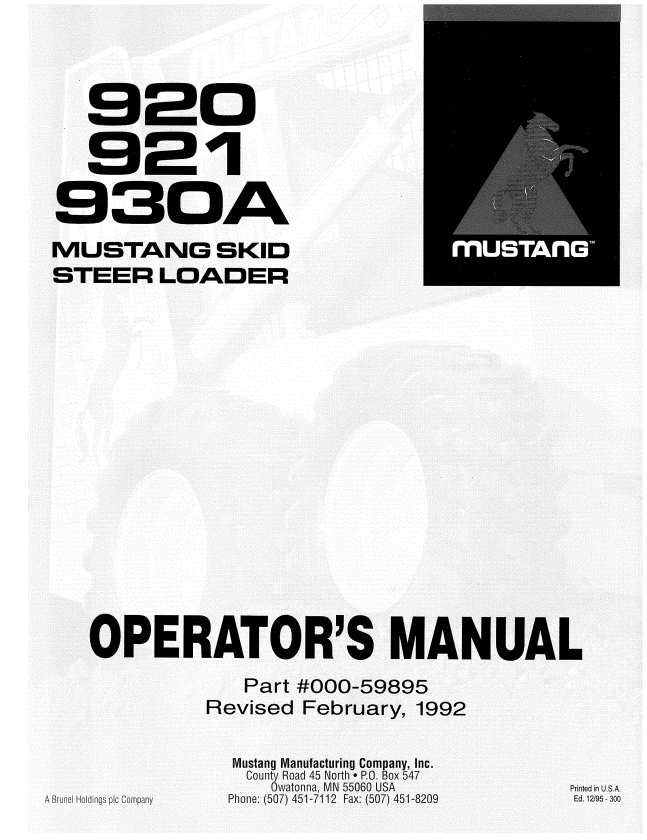 MUSTANG 920, 921, 930A SKID STEER LOADER OPERATOR MANUAL 000-59895 - PDF