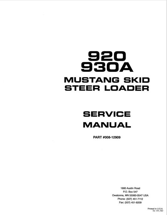 MUSTANG 920, 930A SKID STEER-LOADER SERVICE MANUAL 008-12909 - PDF