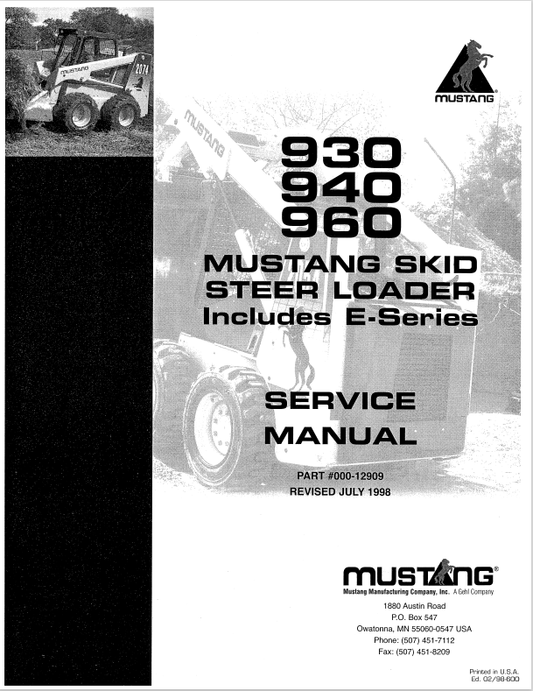 MUSTANG 930, 940, 960 E-SERIES SKID STEER-LOADER SERVICE MANUAL 000-12909 - PDF