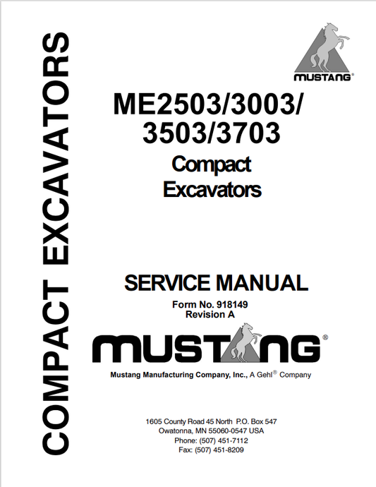 MUSTANG COMPACT ME2503-3003-3503-3703 EXCAVATOR SERVICE MANUAL 918149 - PDF