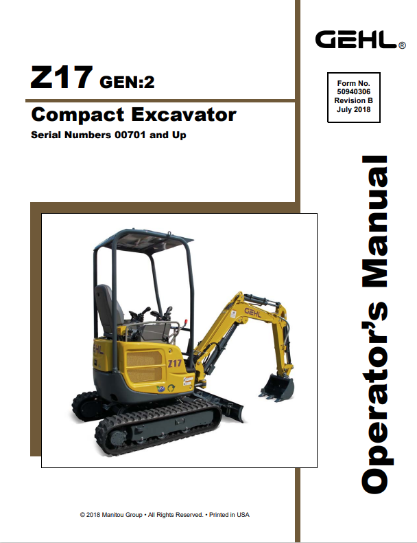 MUSTANG GEHL Z17 COMPACT EXCAVATOR OPERATOR MANUAL 50940306 - PDF